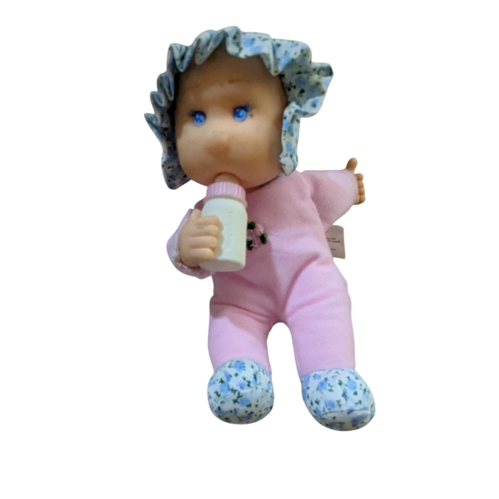 Lollipainnza Baby Doll Pink Outfit Blue Floral Accents Holding Bottle Plush‎ 9"